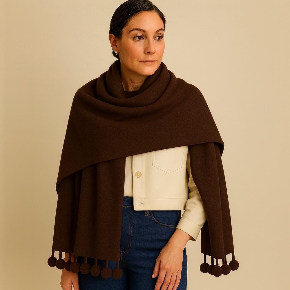 Alpaca Angora Wrap Shawl Peruvian Soul Dark Brown Knit Pom‎ Pom Trim Handcrafted
